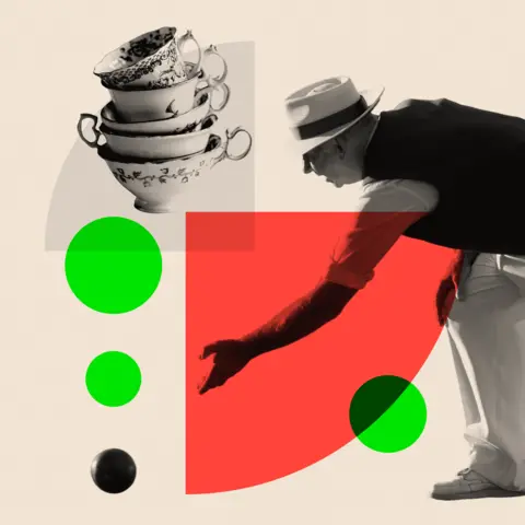 Getty Images Montage showing a man playing bowls and stack ofteacups