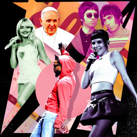 BBC A colourful graphic montage showing Sabrina Carpenter, the Pope, Oasis, Lily Allen and Kendrick Lamar